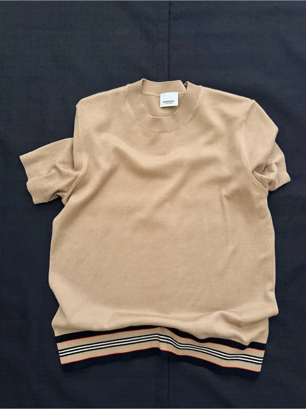 Burberry Men’s Crewneck Short-Sleeve Sweater in Beige with Striped Hem